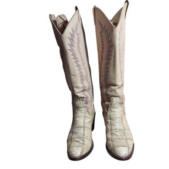 Vintage Larry Mahan Ivory Western Cowboy Boots Ostrich Print Tall USA - Picture 3 of 16